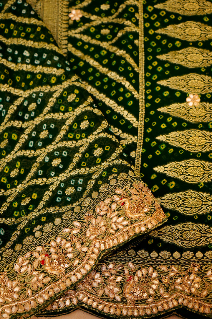 Regal Charm of Handwoven Banarasi Pure Green Khaddi Georgette Bandhej Saree