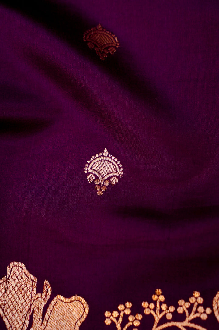 Royal Plum Grandeur – Handwoven Banarasi Pure Katan Silk Saree with Designer Zari Border