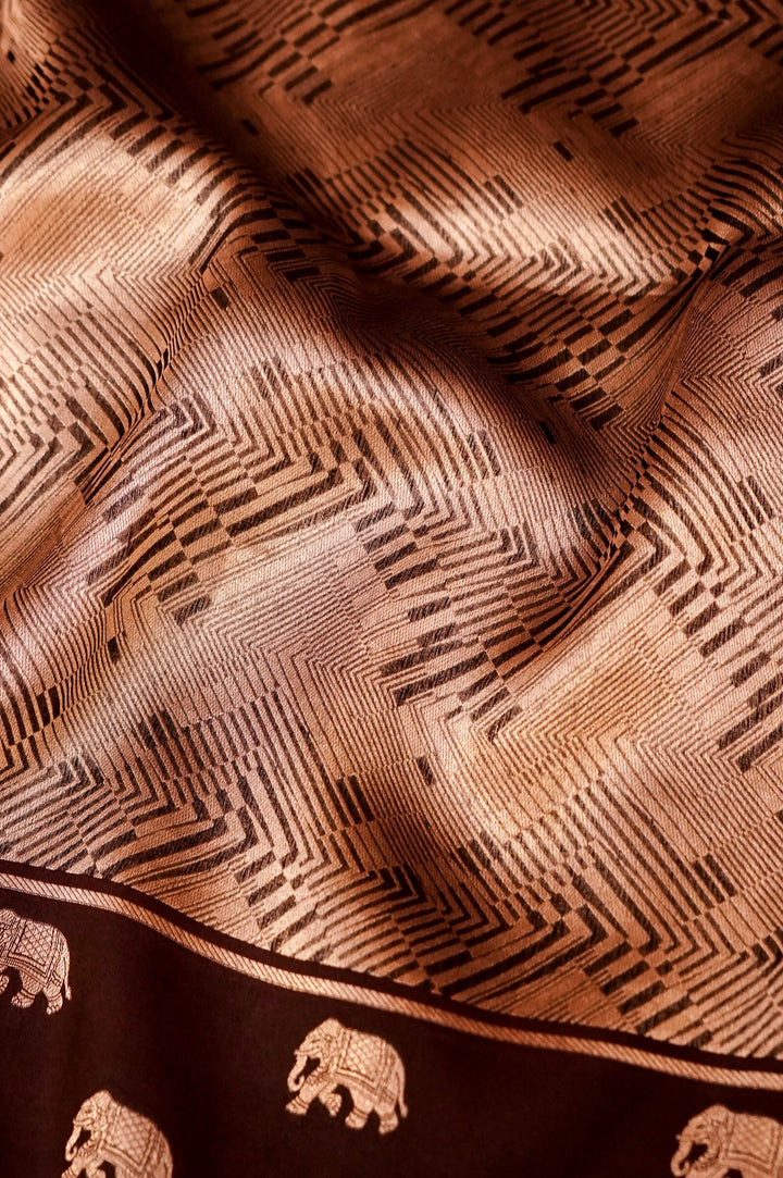 Majestic Earth – Brown Pure Handloom Organza Silk Saree with Elephant Motif Border