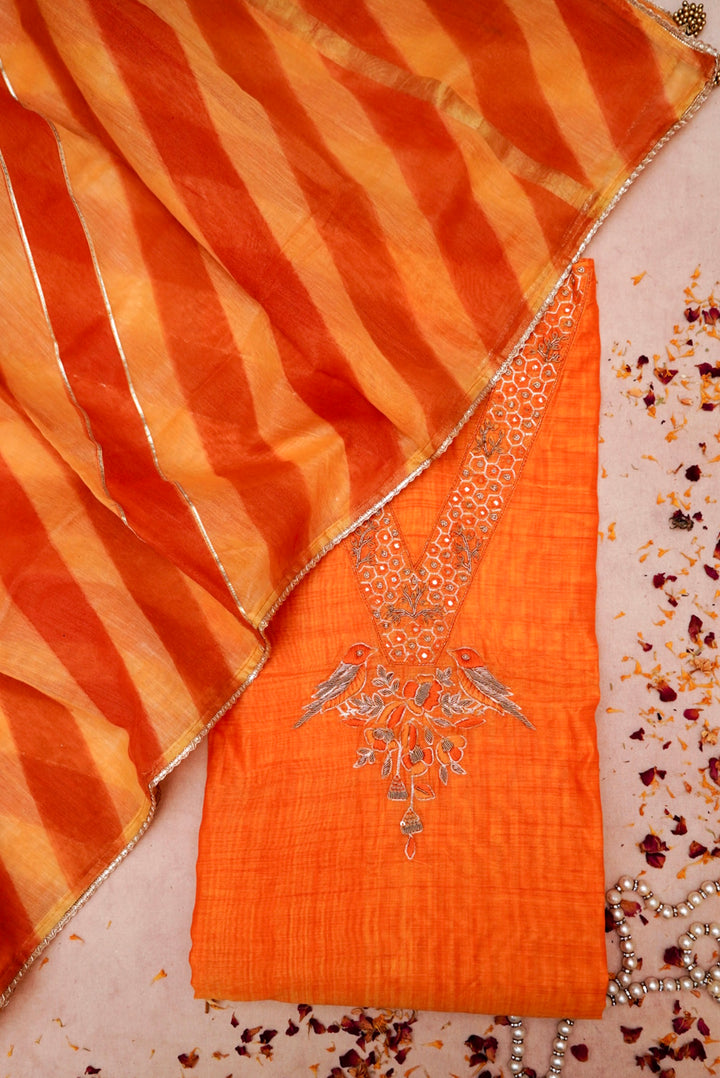 Mustard Chanderi Silk Suit with Zardozi Embroidery and Leheriya Gotta Dupatta