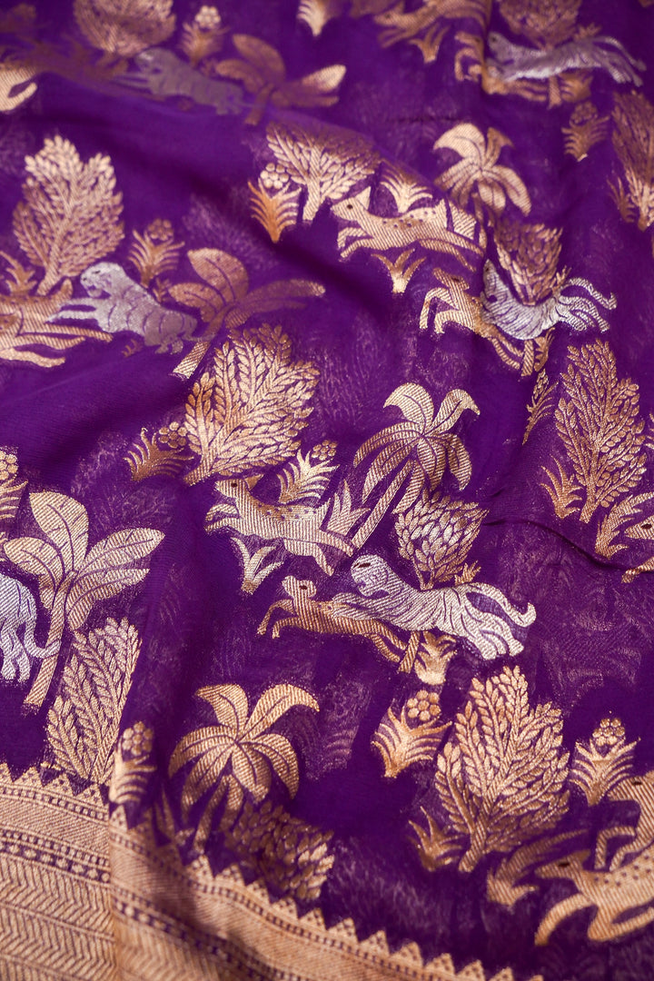 Dark Purple Pure Georgette Shikargah Saree with Zari Weave Animal Motifs