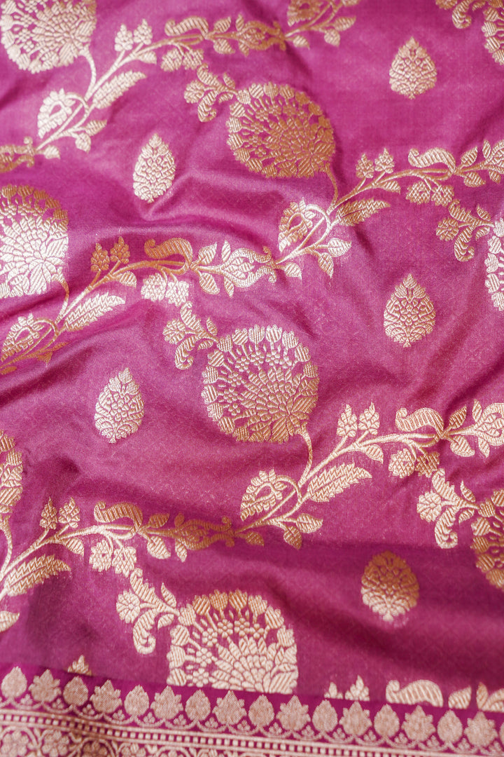 Onion Pink Pure Banarasi Handloom Katan Silk Saree with Zari Jaal &amp; Meenakari Pallu