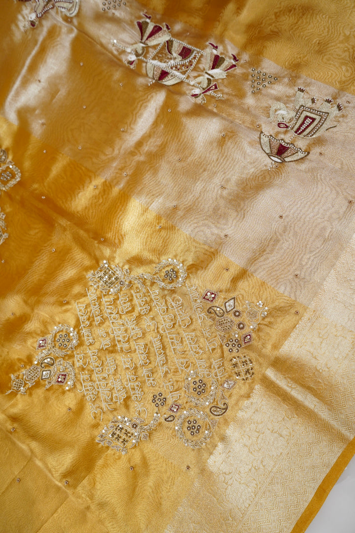 Opulent Golden Maharani Tissue Silk Saree with Gayatri Mantra &amp; Baraat Inspired Pallu