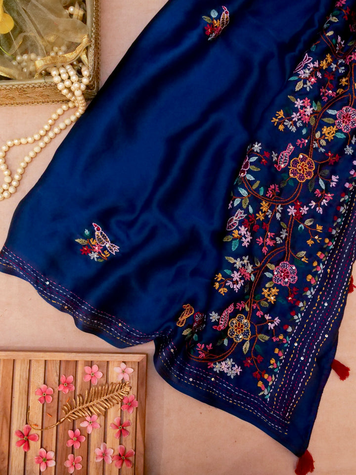 Teal Blue Ghicha Silk Saree with Hand Kantha Embroidery View 1