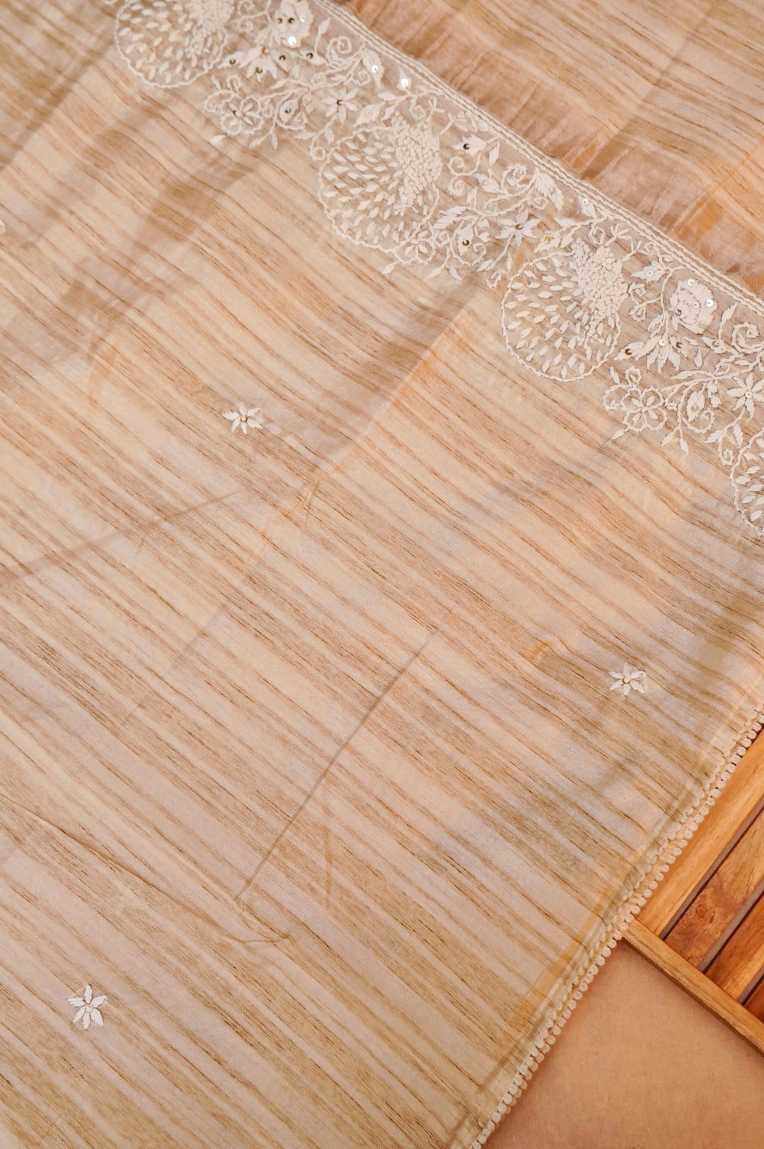 Unstitched Designer Beige Gold Tussar Silk Suit with French Knot Thread Embroidery