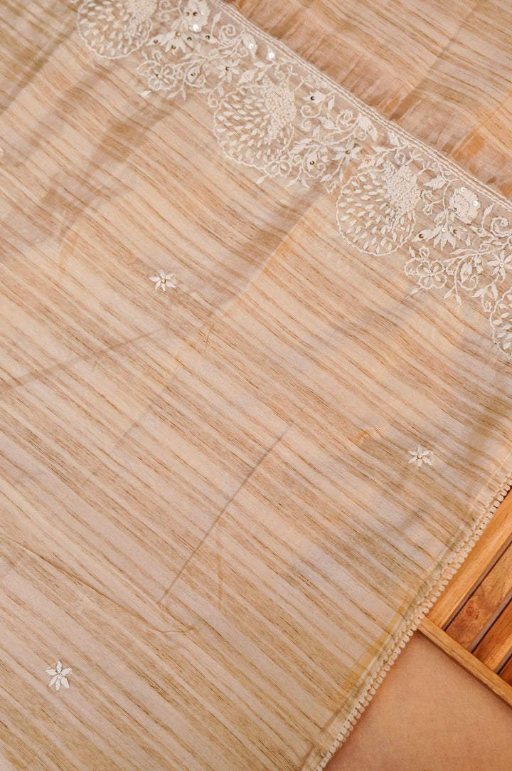 Unstitched Designer Beige Gold Tussar Silk Suit with French Knot Thread Embroidery