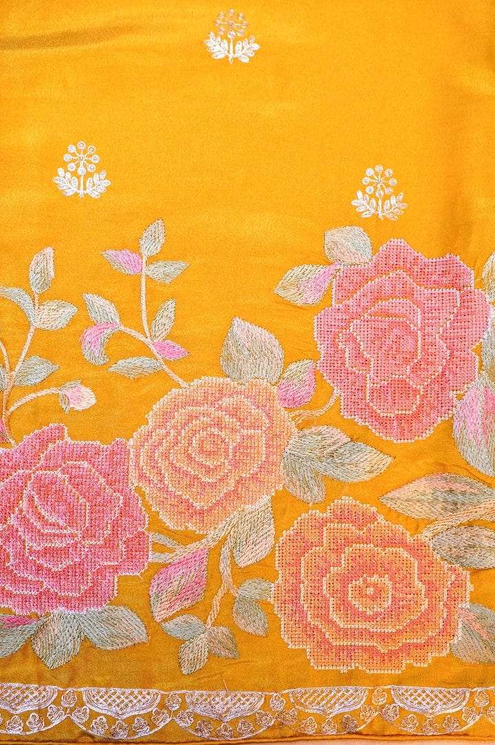 Yellow Crepe Tissue Silk Suit Set with Pitta Zari Embroidery Work