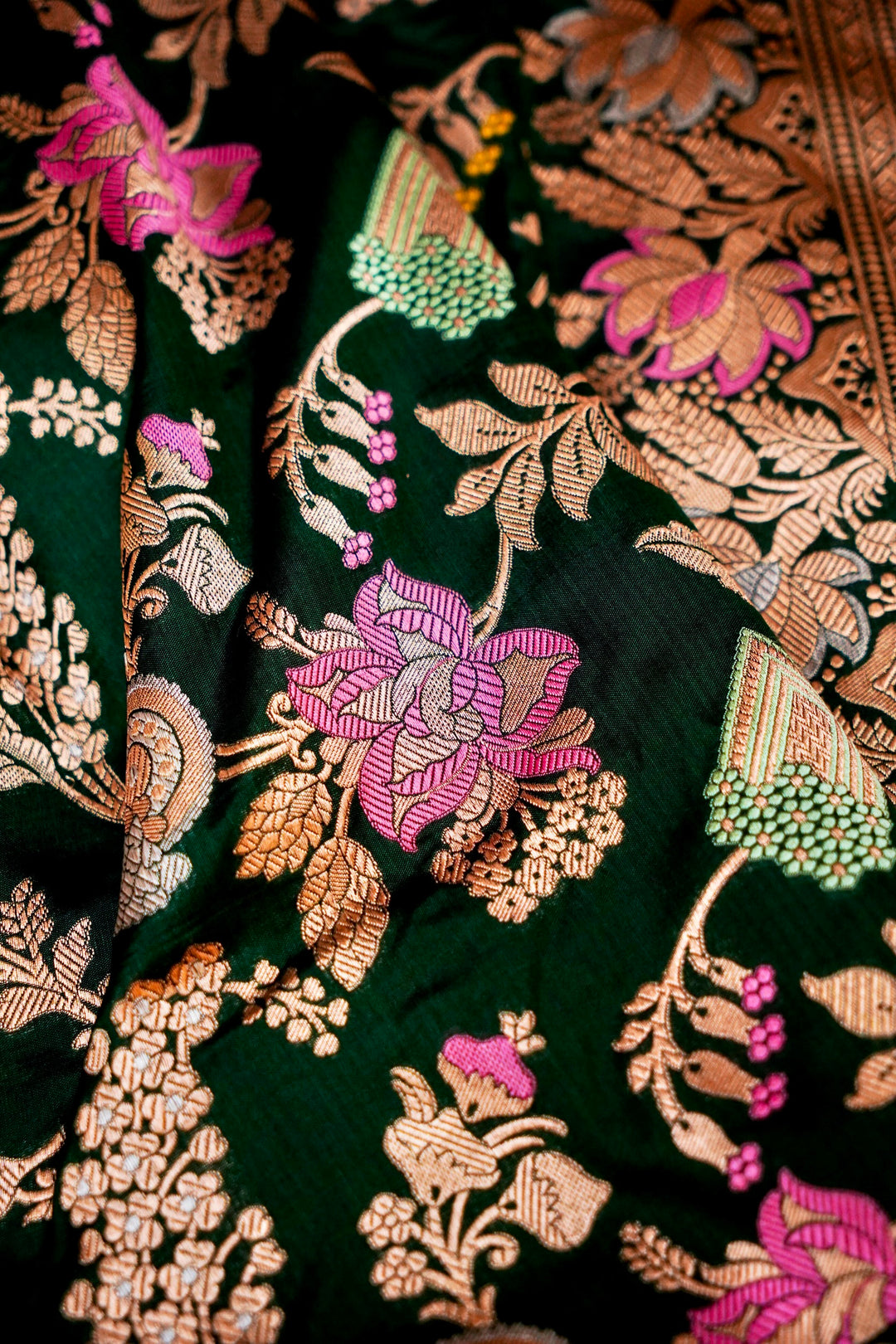 Majestic Bottle Green Banarasi Katan Silk Saree Handwoven Meenakari Jaal with Sona-Rupa Zari