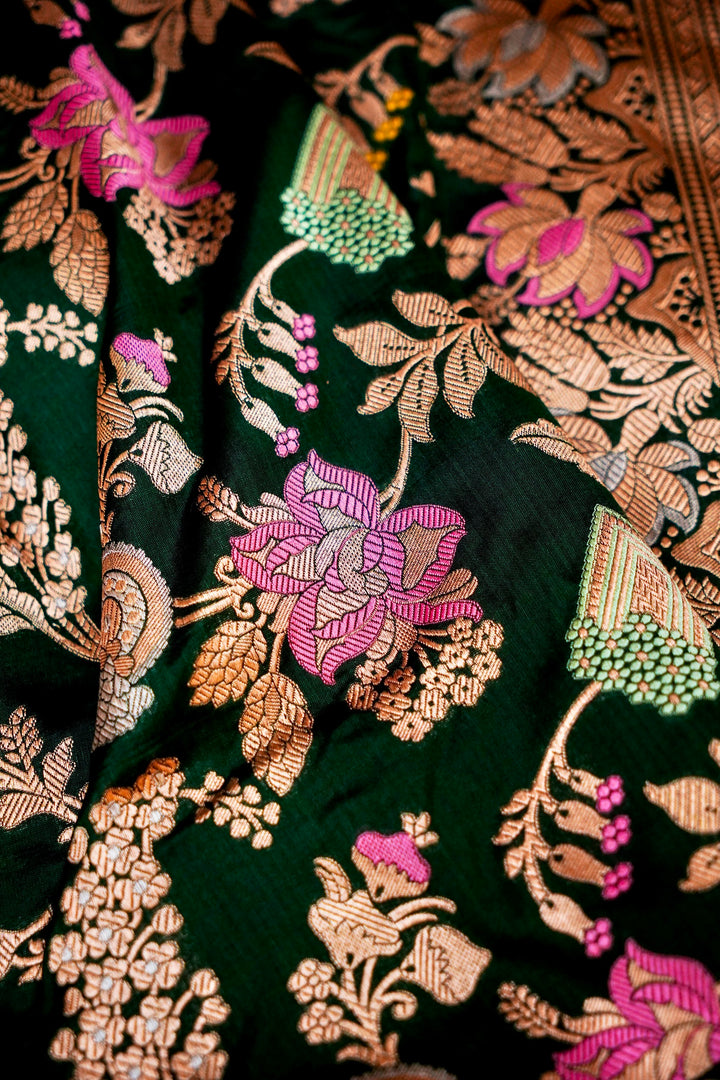Majestic Bottle Green Banarasi Katan Silk Saree Handwoven Meenakari Jaal with Sona-Rupa Zari