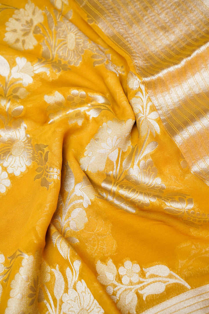 Yellow Pure Georgette Saree with Zari Weave Jangla Design