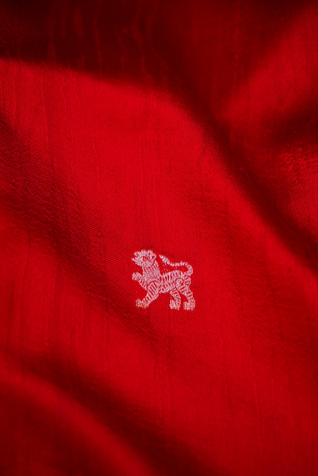 Regal Red Pure Katan Silk Saree with Tiger Motifs and Striped Weave Design