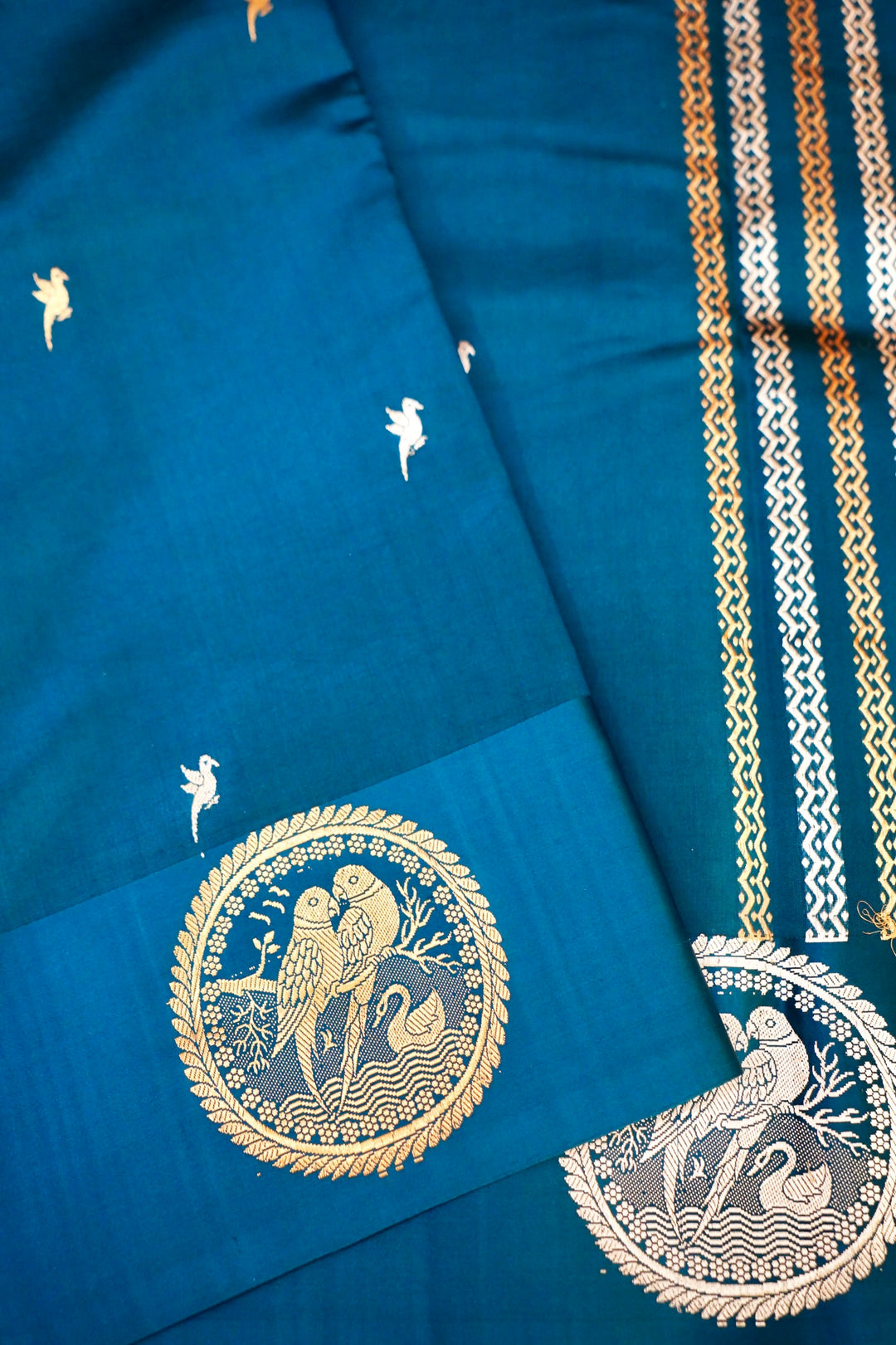 Handwoven Banarasi Teal Blue Pure Katan Silk Birds Motif Saree