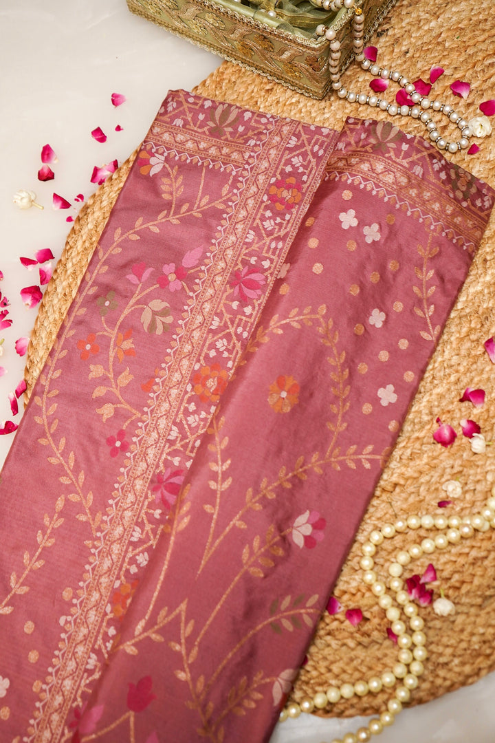 Royal Handwoven Banarasi Pure Katan Silk Meenakari Jamdani Saree Mauve Pink View 1