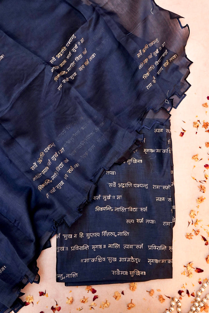 Navy Blue “Shanti Mantra” Pure Chanderi Silk Suit with Scalloped Dupatta