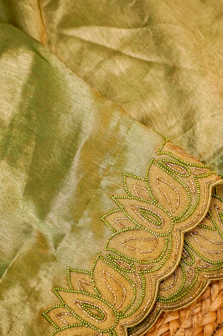 Sage Green Soft Silk Saree with Pearl and Cutdana Embroidery View 3