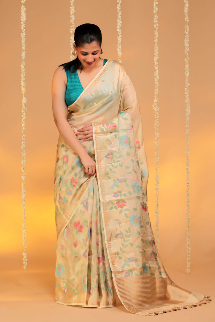 beige kota silk meenakari figure motif saree with silk weaving border front view 2