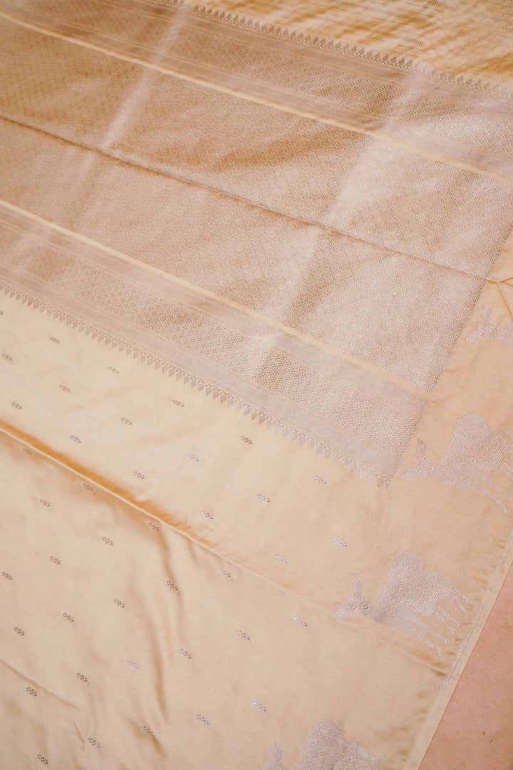 Elegant Beige Mashru Silk Saree Zari Bootidar Weave with Animal Motif Border