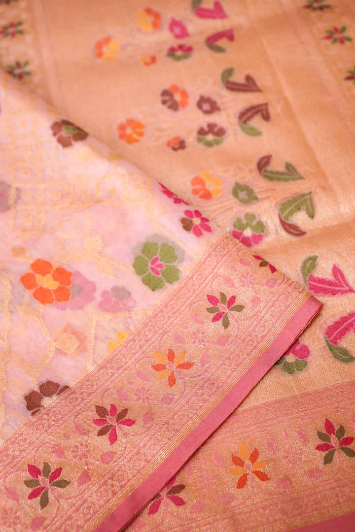 Handwoven Banarasi Baby Pink Pure Kora Silk Jamdani Saree with Contrast Border Pallu View 3
