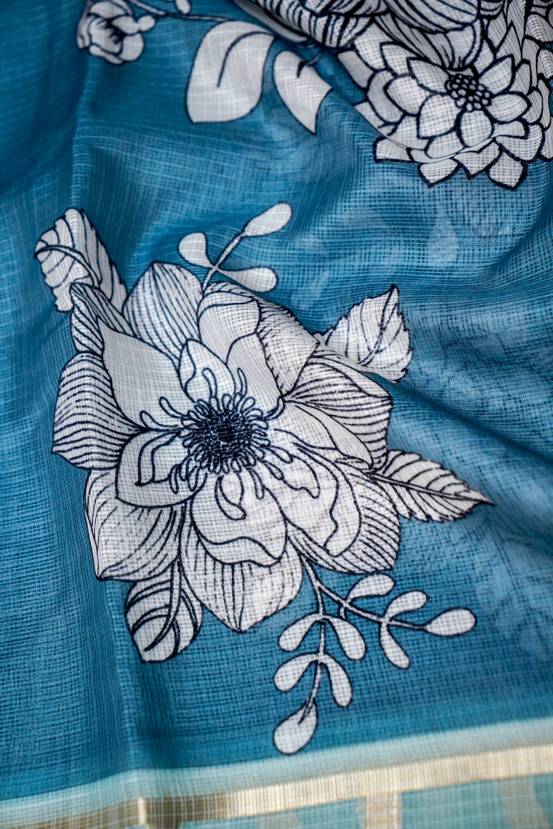 Glacier Blue Kota Check Saree with Printed Body and Zari Weave Check Border View 5