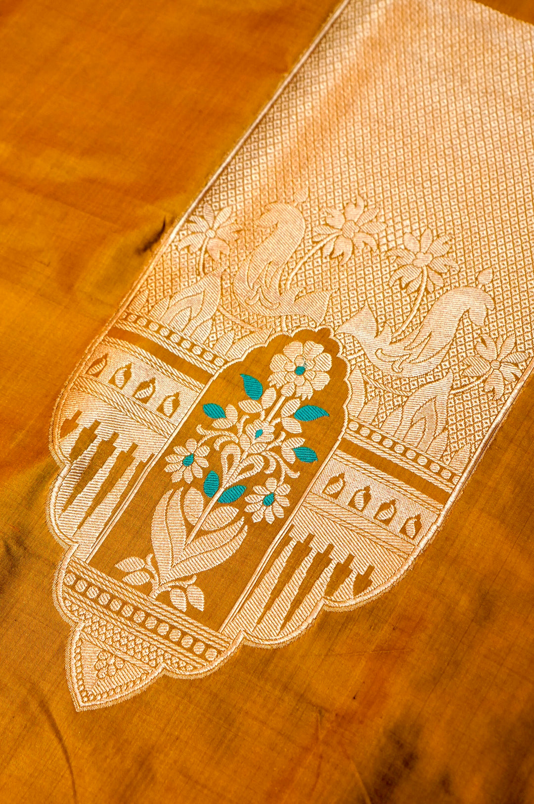Pure Katan Silk Co-Ord Set Fabric – Royal Floral Heritage Panel | Gold Zari &amp; Meenakari Thread Weave | Mustard Yellow