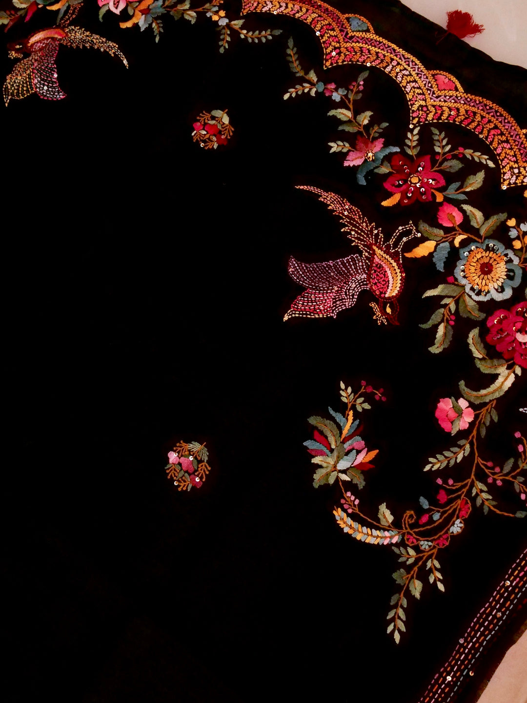 Black Ghicha Silk Saree with Hand Kantha Embroidery View 2