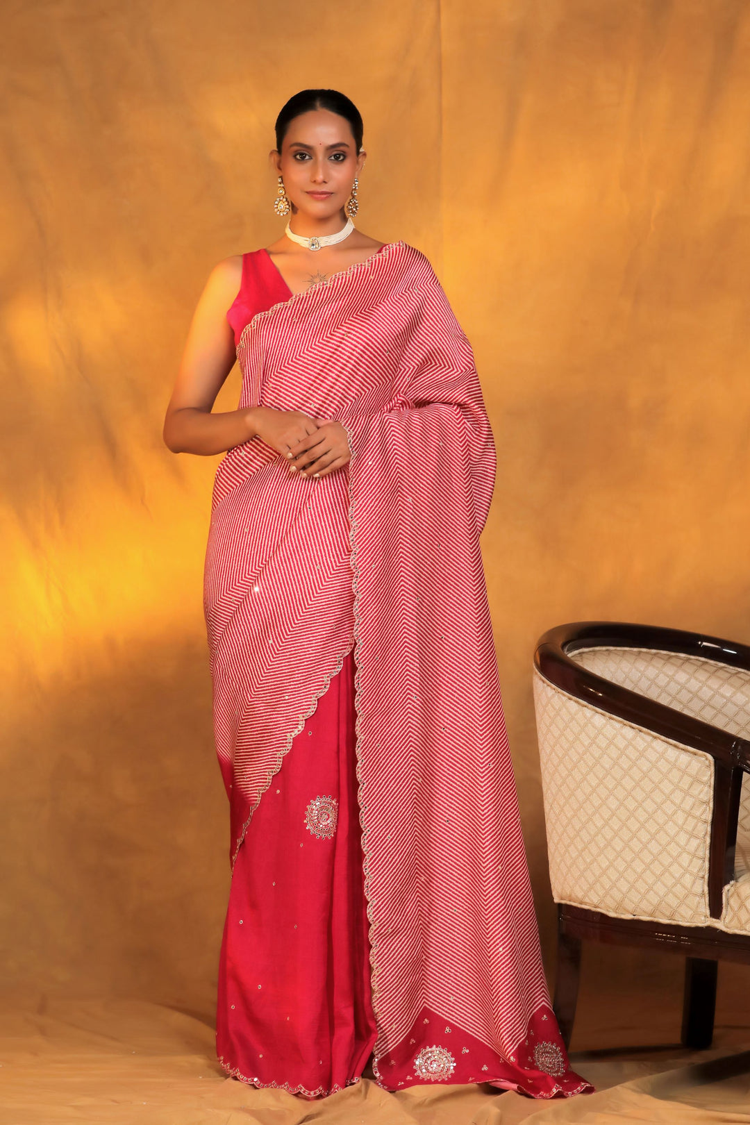 pink crepe silk geometric strip mirror work saree front view 3