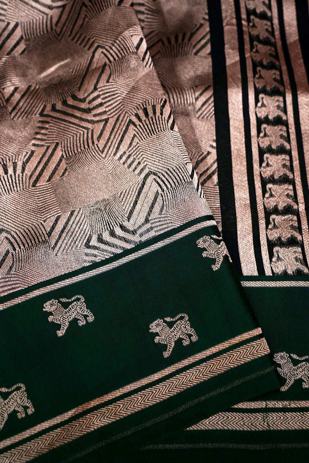 Banarasi Chevron Weave Bottle Green Pure Organza Tiger Motif Saree