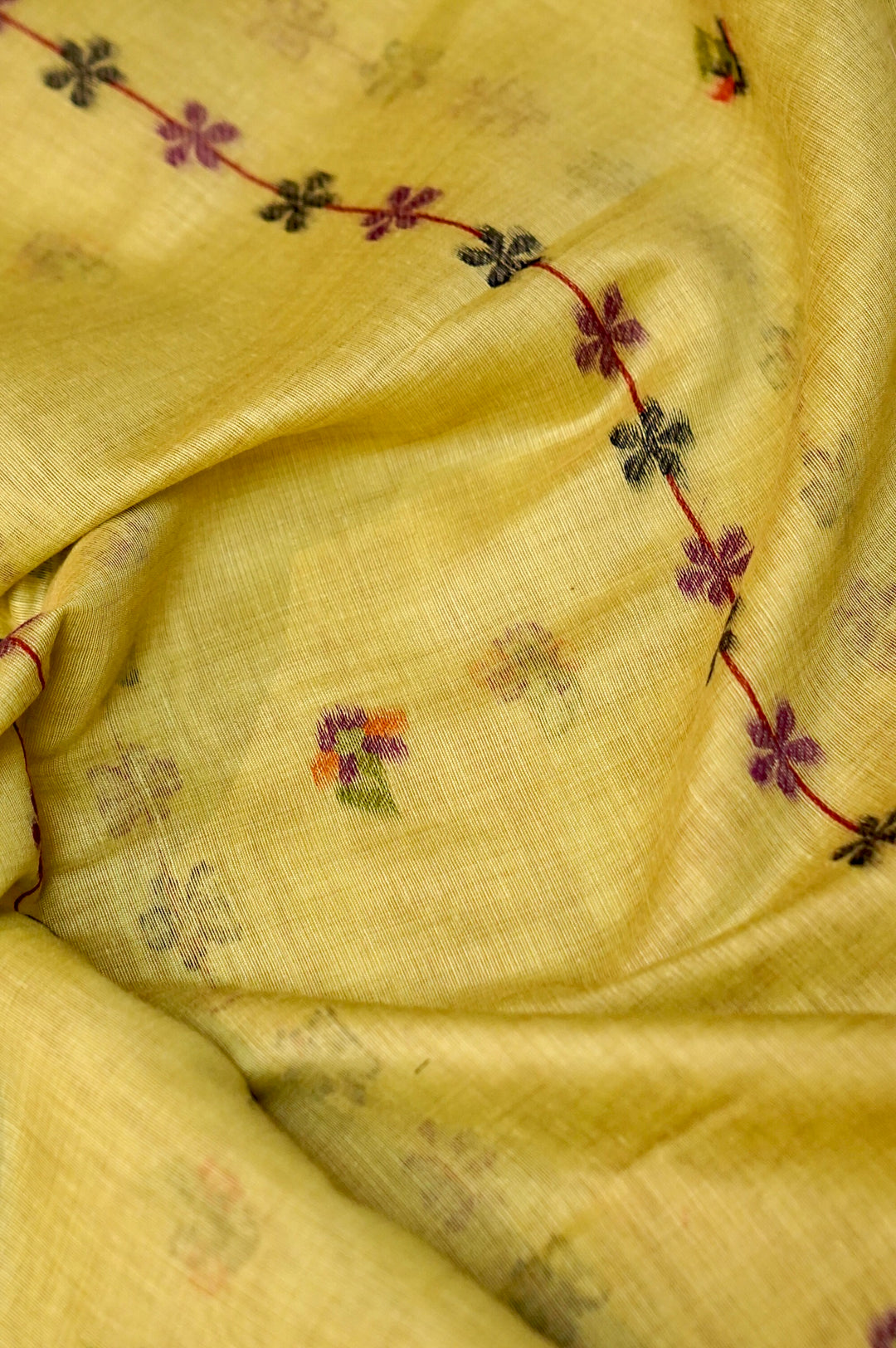 Lemon Yellow Handwoven Linen Unstitched Suit Set with Multicolor Floral &amp; Bird Embroidery