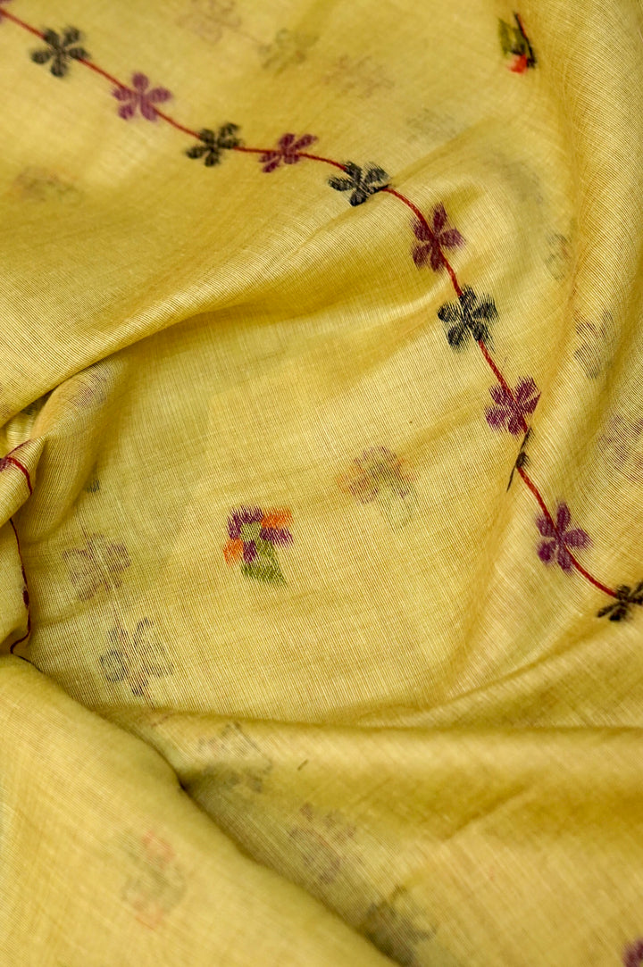 Lemon Yellow Handwoven Linen Unstitched Suit Set with Multicolor Floral &amp; Bird Embroidery