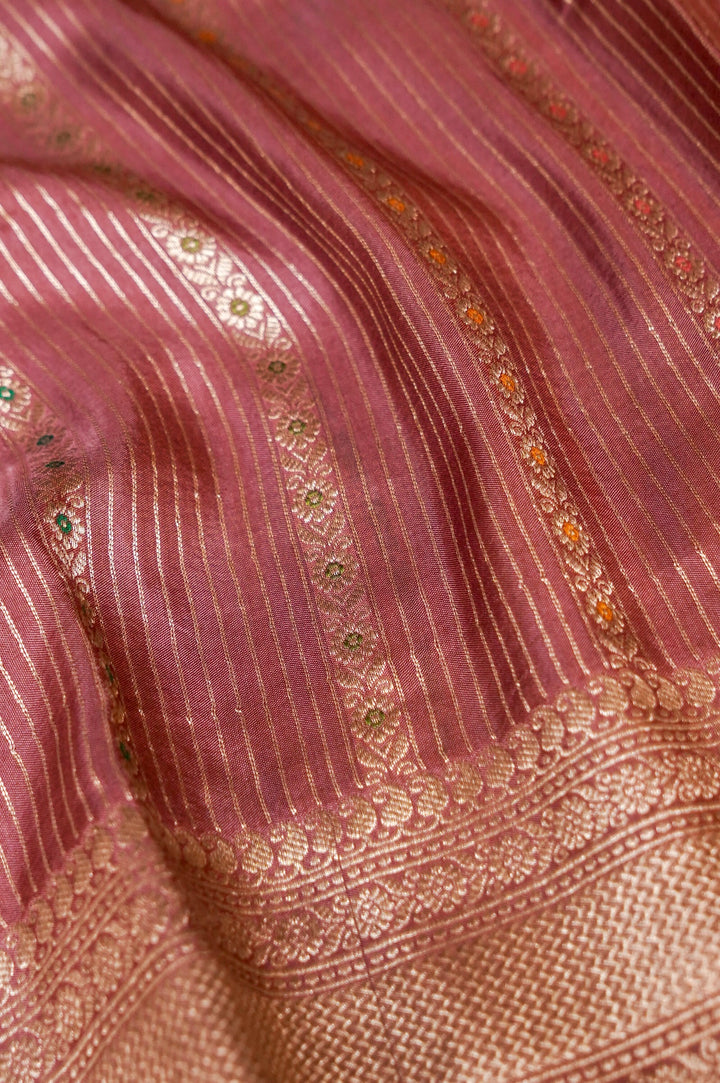 Mauve Banarasi Soft Silk Meenakari Stripes Saree