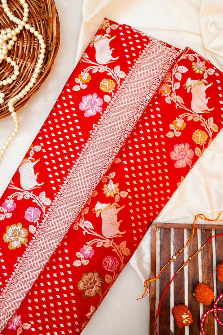 Red Handwoven Banarasi Bridal Katan Silk Saree with Zari Nandi Motifs & Meenakari Floral Weave