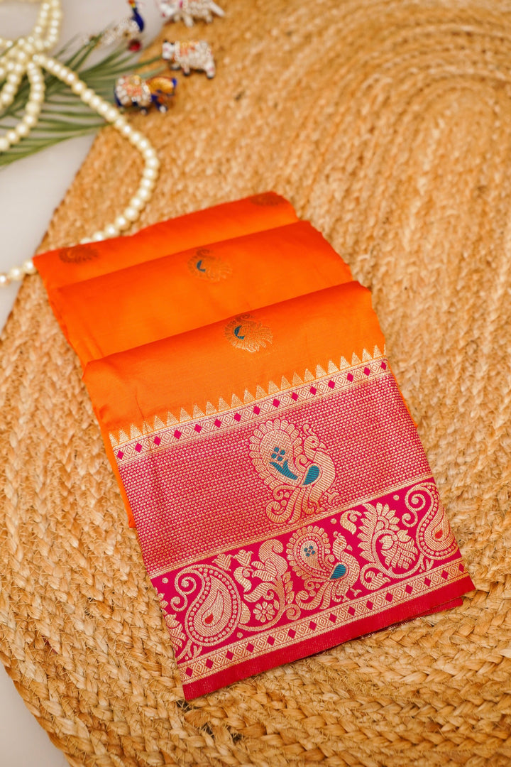 Orange Soft Silk Kanjivaram Inspired Bird Motifs Saree with Contrast Border Pallu