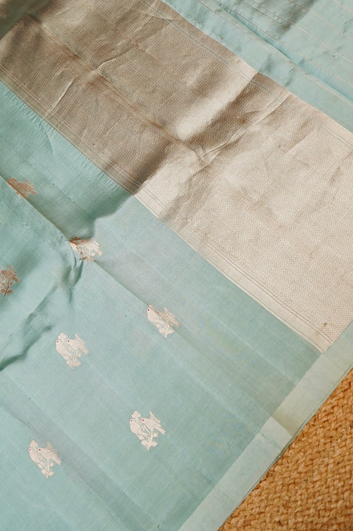 Sage Green Handwoven Banarasi Pure Katan Silk Elephant Motif Saree View 2