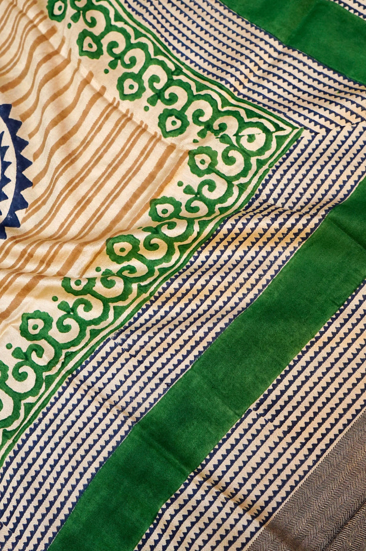 Green Dupion Silk Suit Set with White Block Print Dupatta