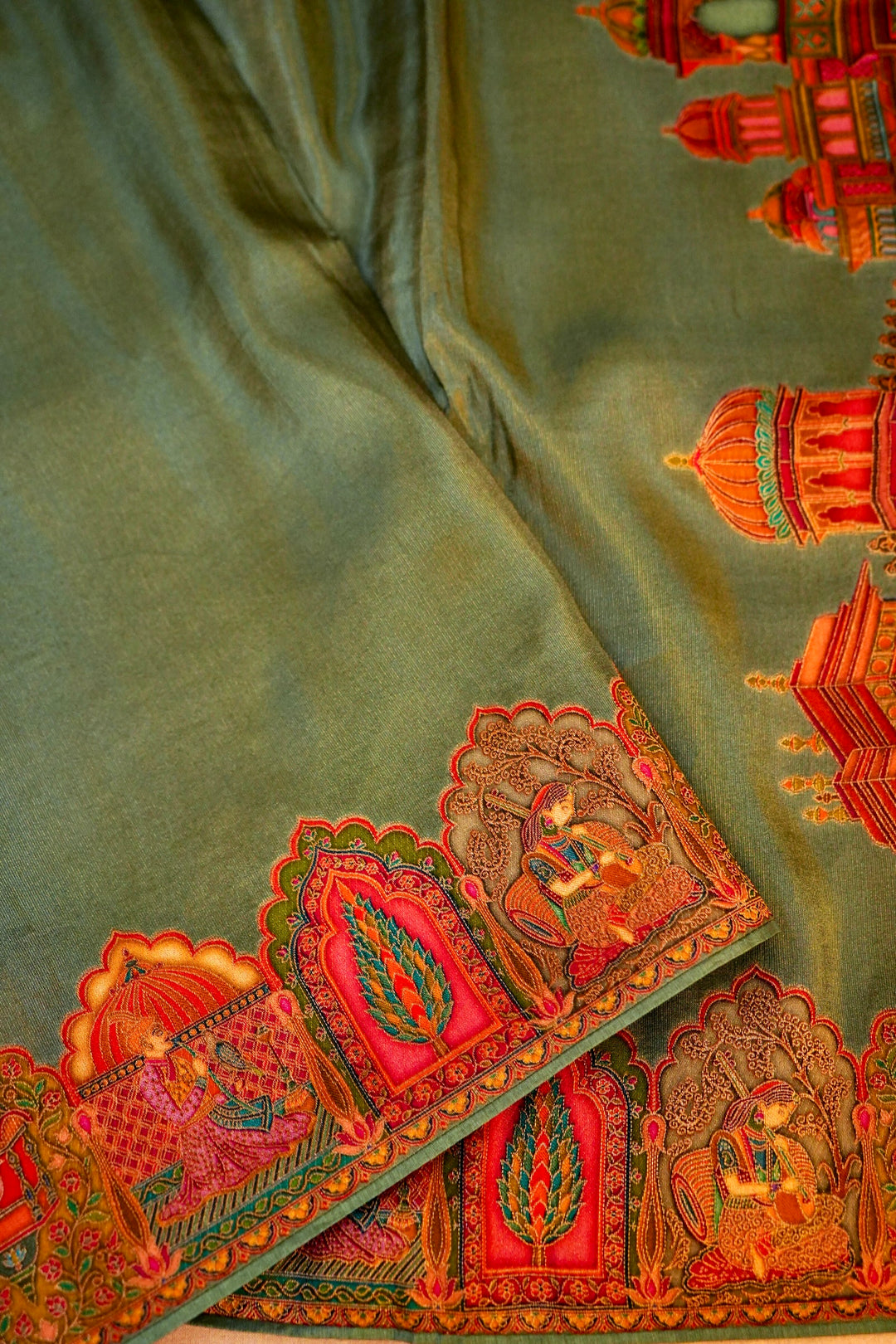 Meadow Mist Sage Green Crepe Silk Saree with Resham Woven Meenakari Pallu and Border