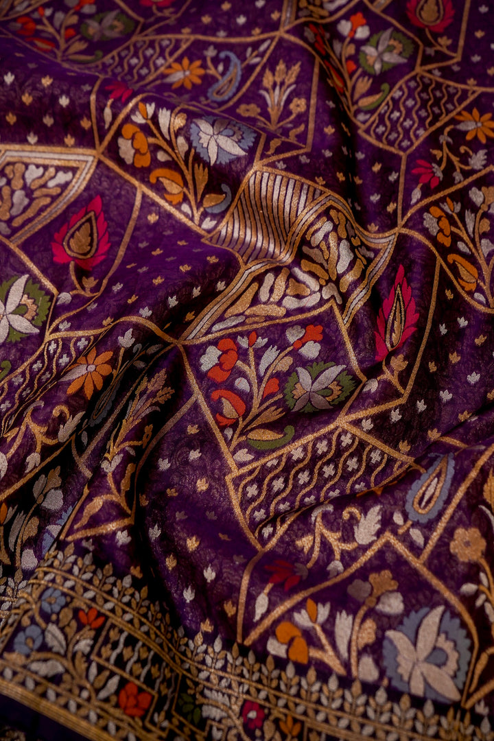 Handwoven Banarasi Pure Katan Silk Purple Jamdani Pattern Saree View 5