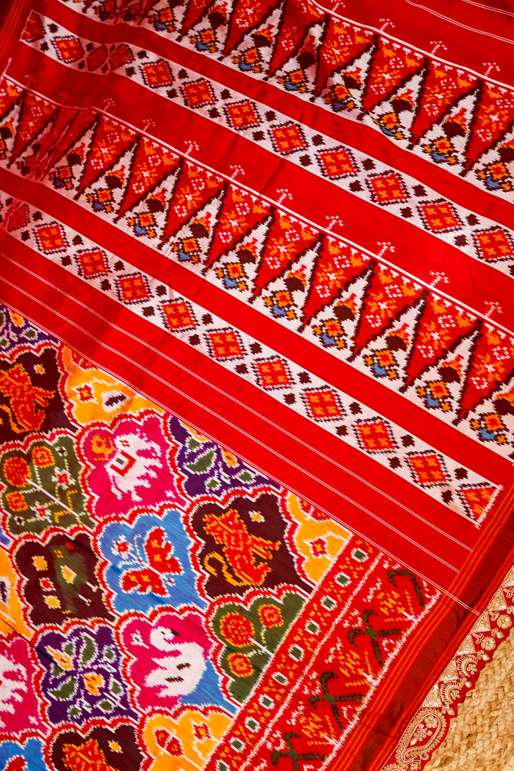 Red Pure Ikkat Patola Saree with Zardozi Embroidery View 2