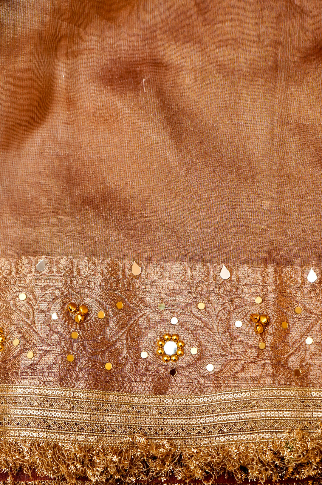 Copper Gold Viral Ghungru Saree with Mirror Work View 7
