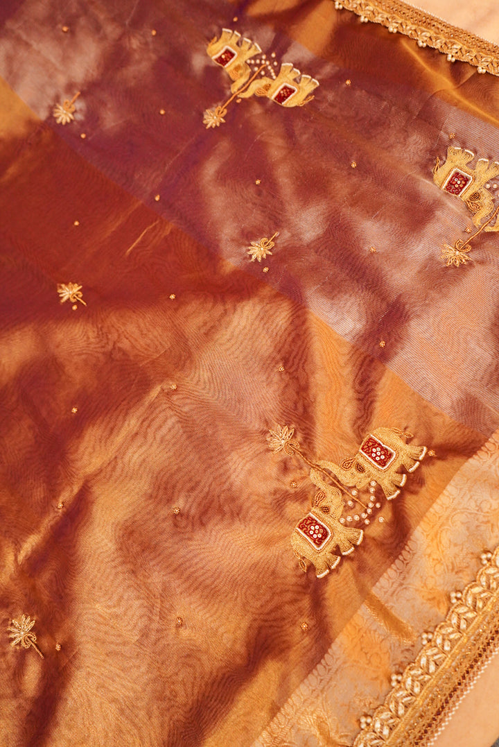 Copper Gold Gajanan Maharani Tissue Saree with Hand Embroidery and Pearl Border