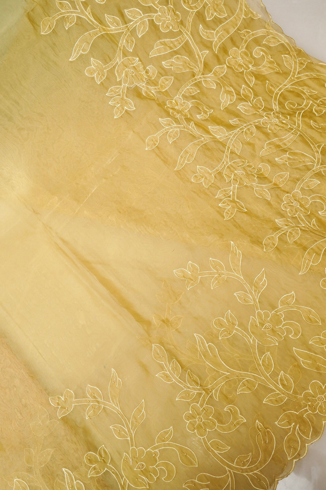 Pastel Yellow Organza Tissue Saree with Resham & Pearl Embroidery with Tissue Blouse