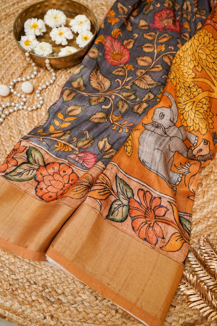 Grey Tussar Silk Saree with Kalamkari Floral Print Body &amp; Animal Motif Pallu