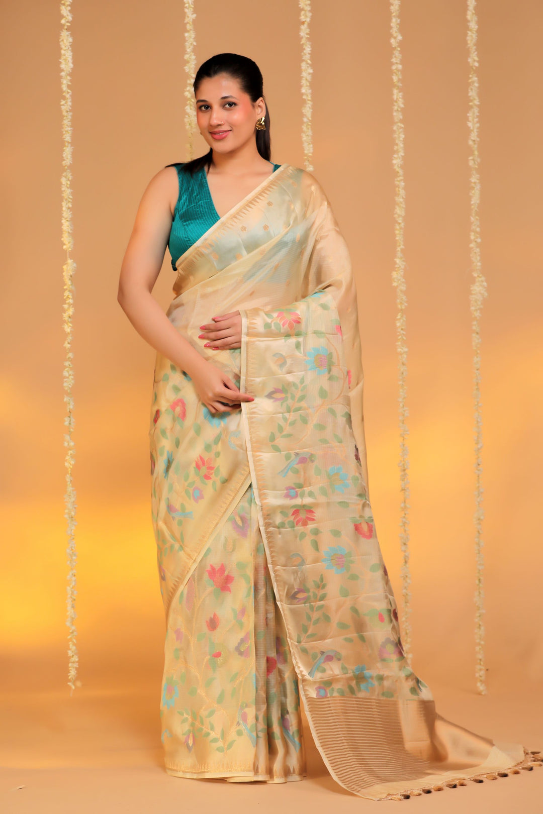 beige kota silk meenakari figure motif saree with silk weaving border front view 1