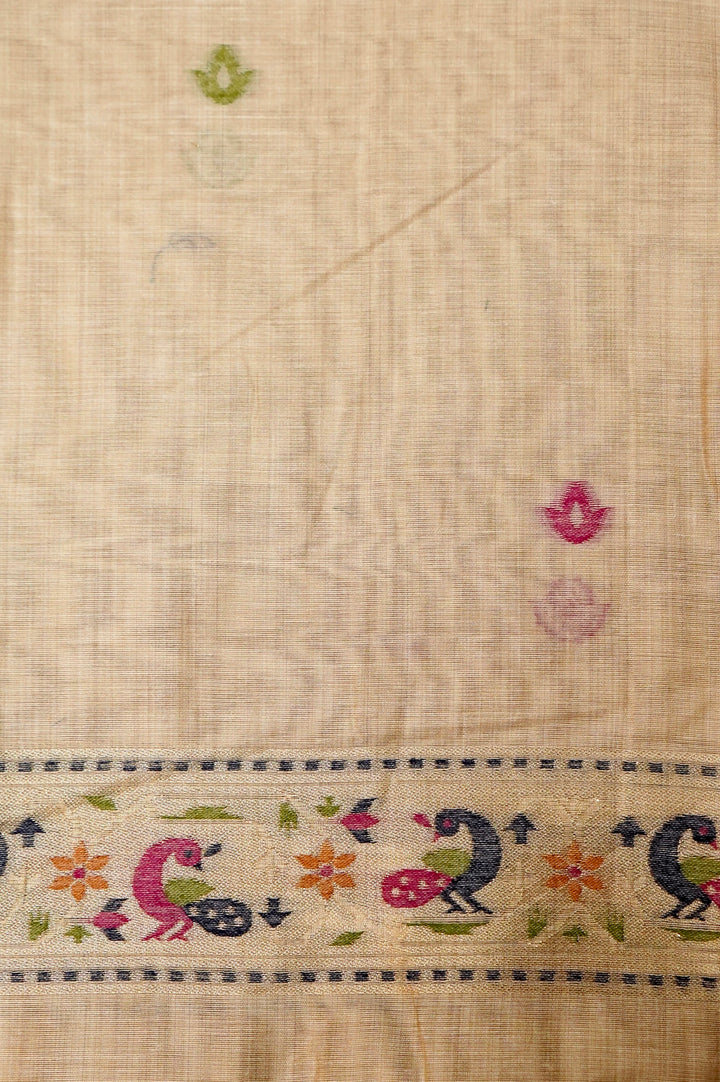 Beige Woven Unstitched Suit Set with Bird Motif Dupatta