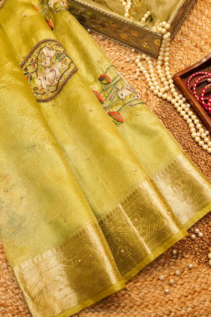 Maharani Tissue Silk Pichwai Pichwai Motif Saree in Mint Green Hue