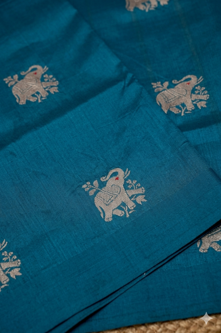 Elegant Teal Blue Handwoven Banarasi Pure Puna Silk Saree with Zari Elephant Motifs