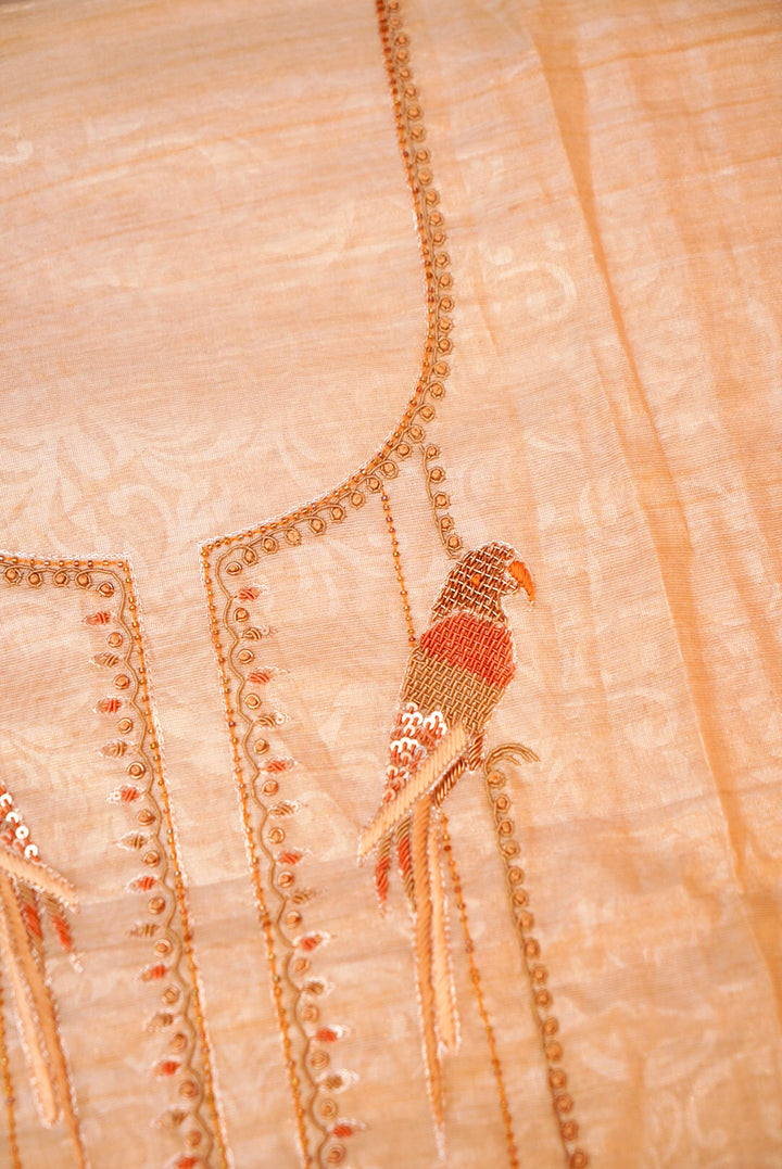 Rose Gold Pure Chanderi Tissue Silk Suit with Handcrafted Elegance
