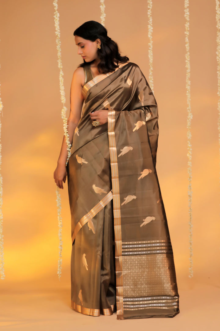 handwoven banarasi stone brown pure mashru silk birds saree front view 1