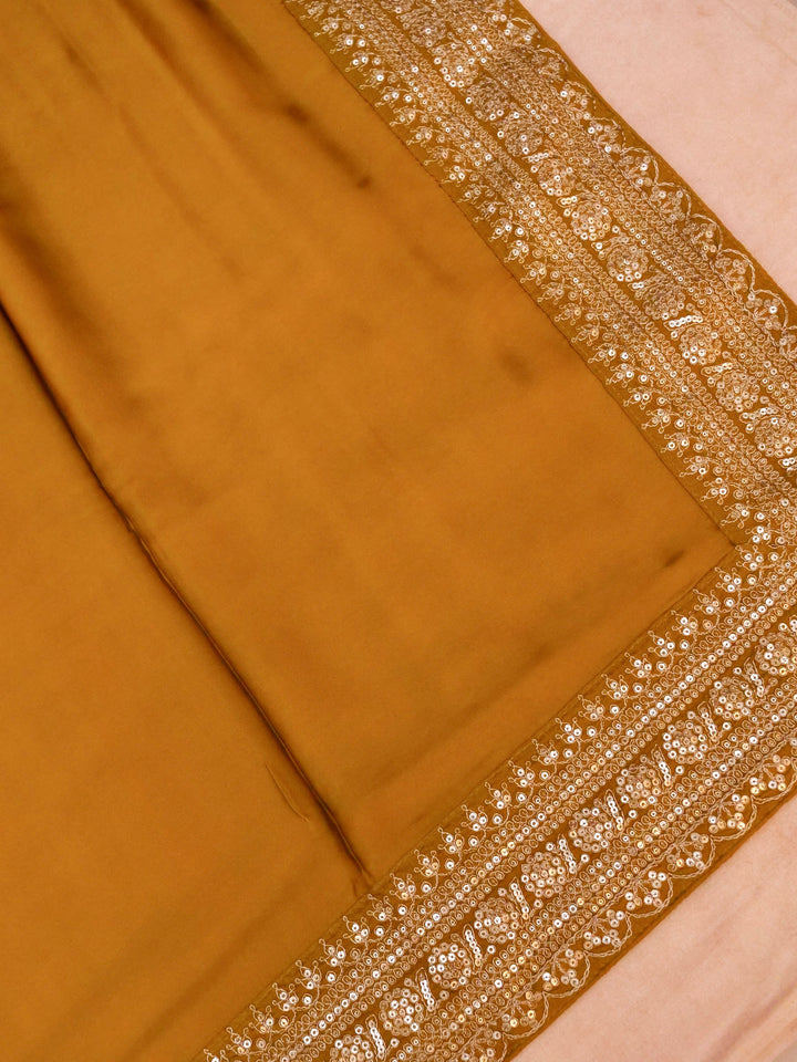 Mustard Pure Crepe Silk Saree with Sabyasachi Inspired Border Heavy Embroidered Silk Blouse View 2