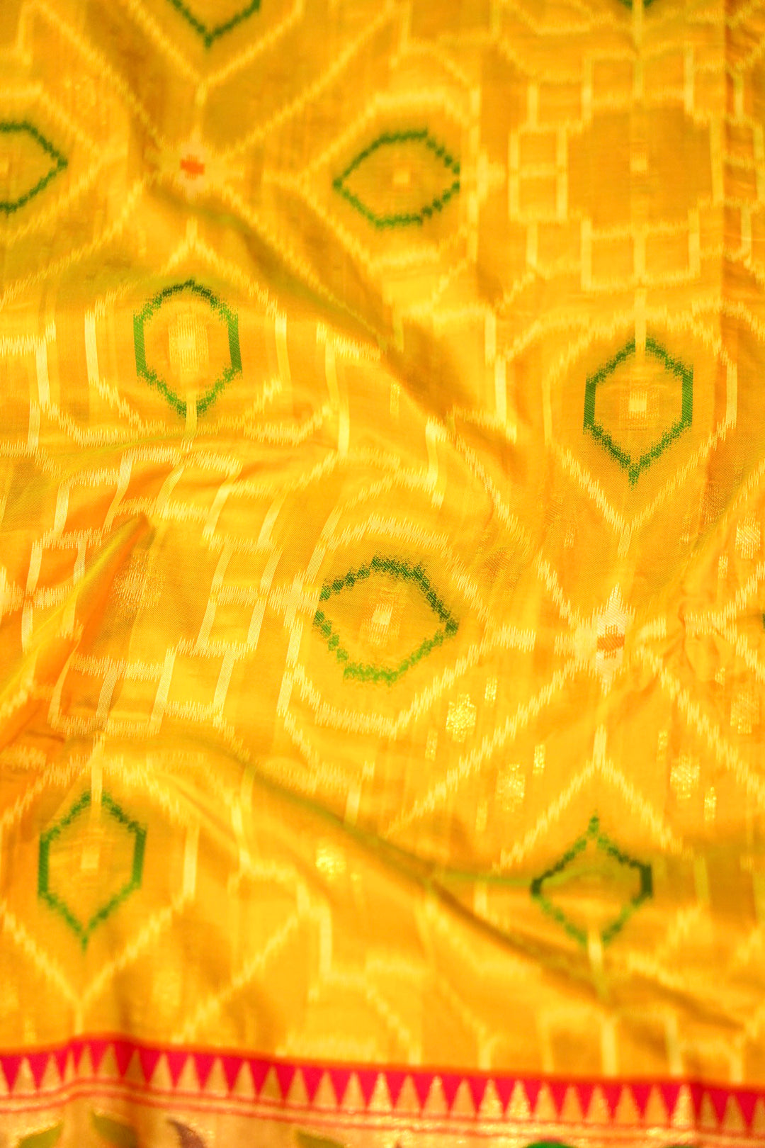 Mustard Yellow Silk Saree with Ikkat Weaving & Paithani Border Pallu