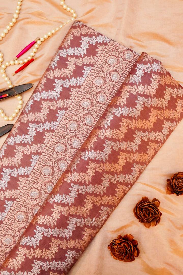 Handloom Pastel Brown Banarasi Pure Katan Silk Saree with Sona Rupa Leheriya Weave